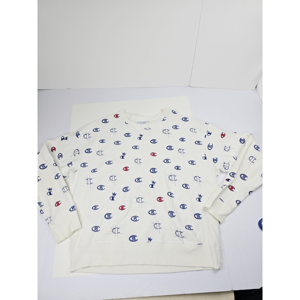Champion Reverse Weave Sweater Mens XL White All Over Logo‎ Crewneck Pullover